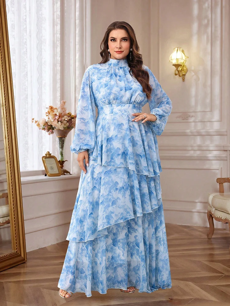 Женское платье с принтом воротником-стойкой и рукавами-фонариками