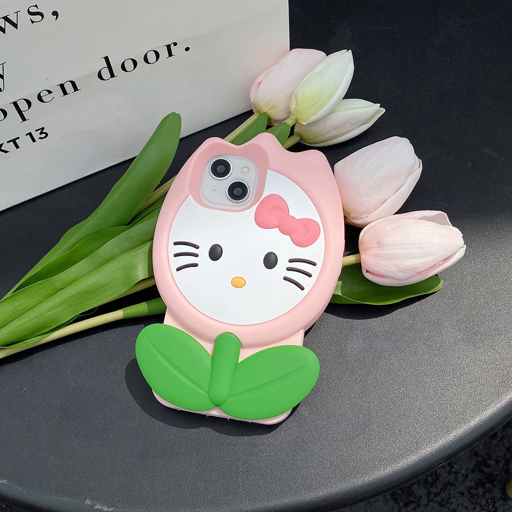 

Tulip Sanrio Hello Kitty 3D Stereoscopic Phone Case for IPhone 14 13 12 11 Pro Max 14Pro Silicone Soft Anti-fall Back Cover Gift