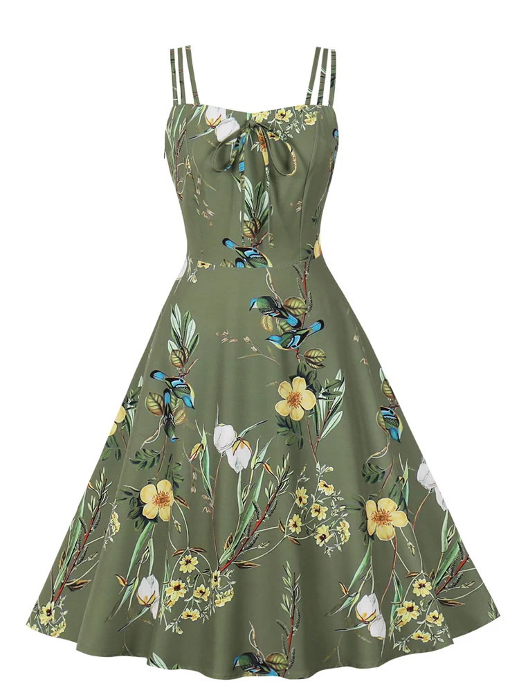 

Summer A Line Dress Women Spaghetti Strap High Waist Gown Fashion New Floral Print Sweet Elegant Sexy Party Short Dress Vestidos
