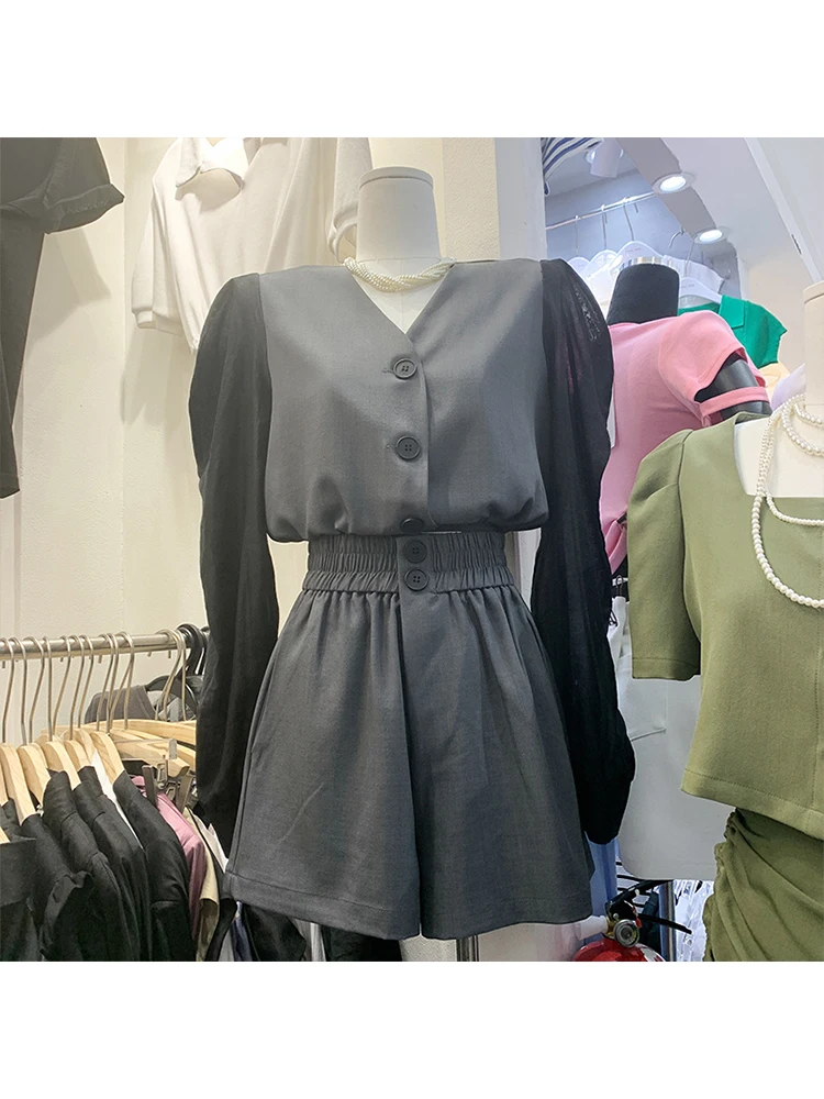 

Fashion Retro Casual Loose Single Breasted Two Piece Set Lantern Long V-neck Sleeve Drawstring Top + A-line Elastic Waist Shorts