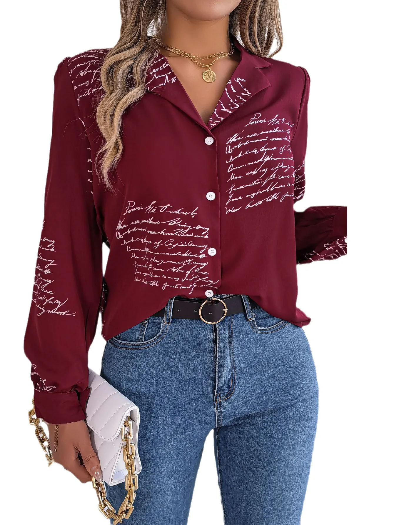 

2023 Letter Printed Women Shirts Autumn Fashion Notched Collar Long Sleeve Office Work Lady Tops Female Plus Size Casual Blouse