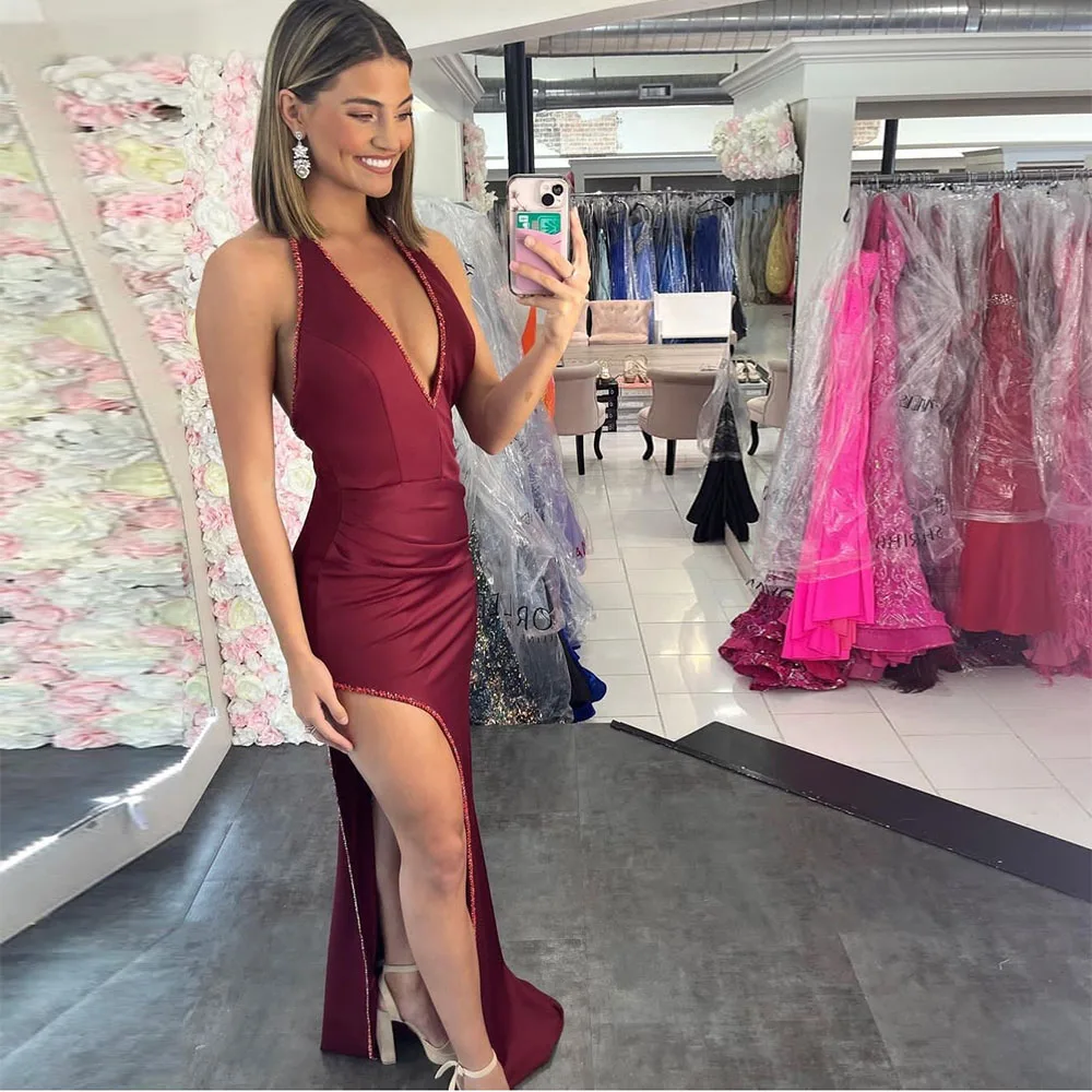 

Sexy Burgundy Prom Dress Halter Beading Homecoming Dress Robe De Soiree Formal Party Evening Vestido Graduation Dress