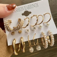 vintage gold color metal pearl hoop dangle earring for women set crystal chain tassel drop heart star moon ear stud jewelry gift