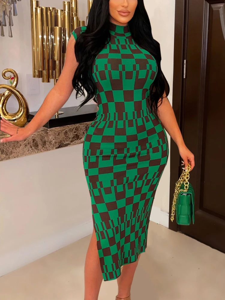 

Сексуальное облегающее платье средней длины, летнее облегающее платье без рукавов с воротником-лодочкой и разрезом по бокам, облегающие ве...