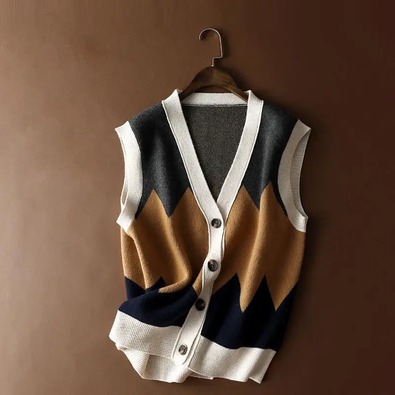 

Knitted Vest Vest Women's Vest Cardigan Color Contrast Jacquard British European V-neck Loose Knitted Waistcoat Autumn Winter