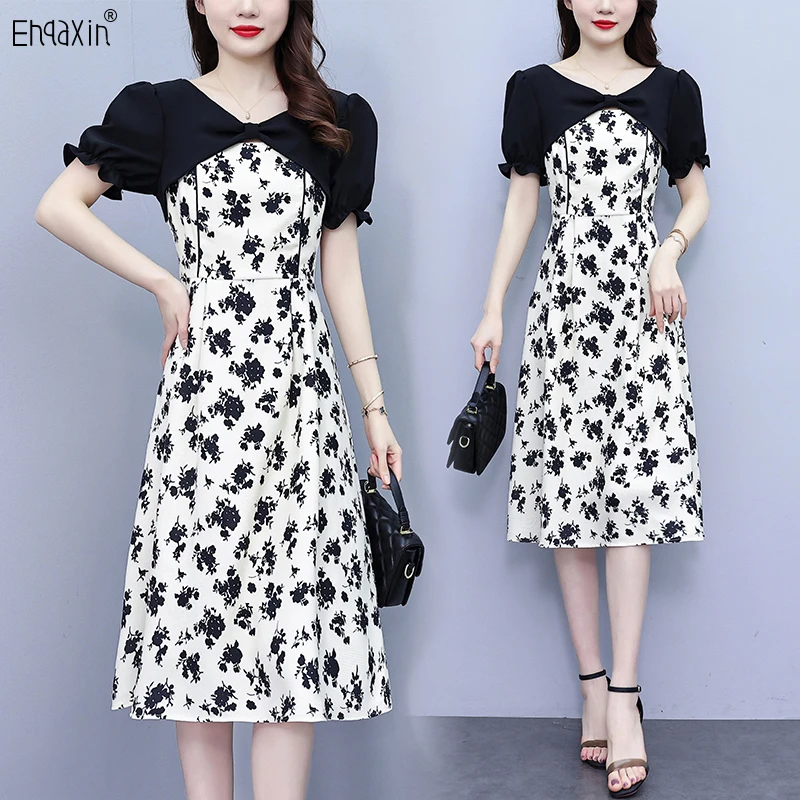 EHQAXIN 2023 Summer New Women's Dress Fashion Print Panel Casual Loose A-Line Elegant Short Sleeve Dresses For Female L-5XL