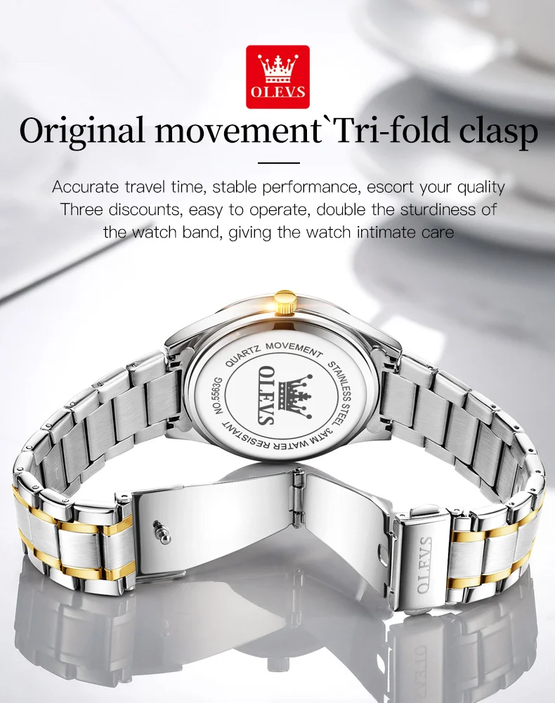 OLEVS 5563 Luxury Golden Diamond-encrusted Quartz Watch Couple Stainless Steel Strap Fashion Waterproof Lover's Wristwatch Set