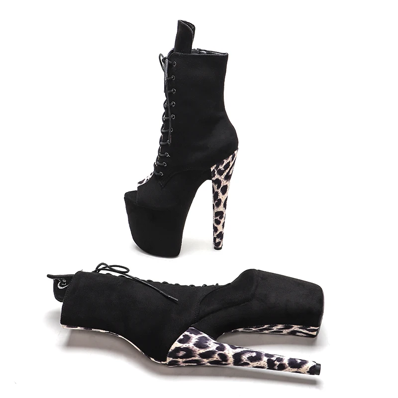 Leecabe 20CM/8inches Leopard  withe suede Upper Pole dancing shoes High Heel platform Boots Open toe Pole Dance boots