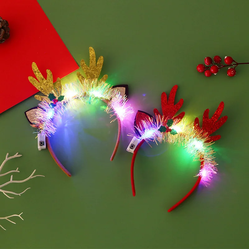 Christmas Hair Hoop Illuminated Cane Headband Tree Ornaments With Lights Deer Antlers Glitter Head Costume Props