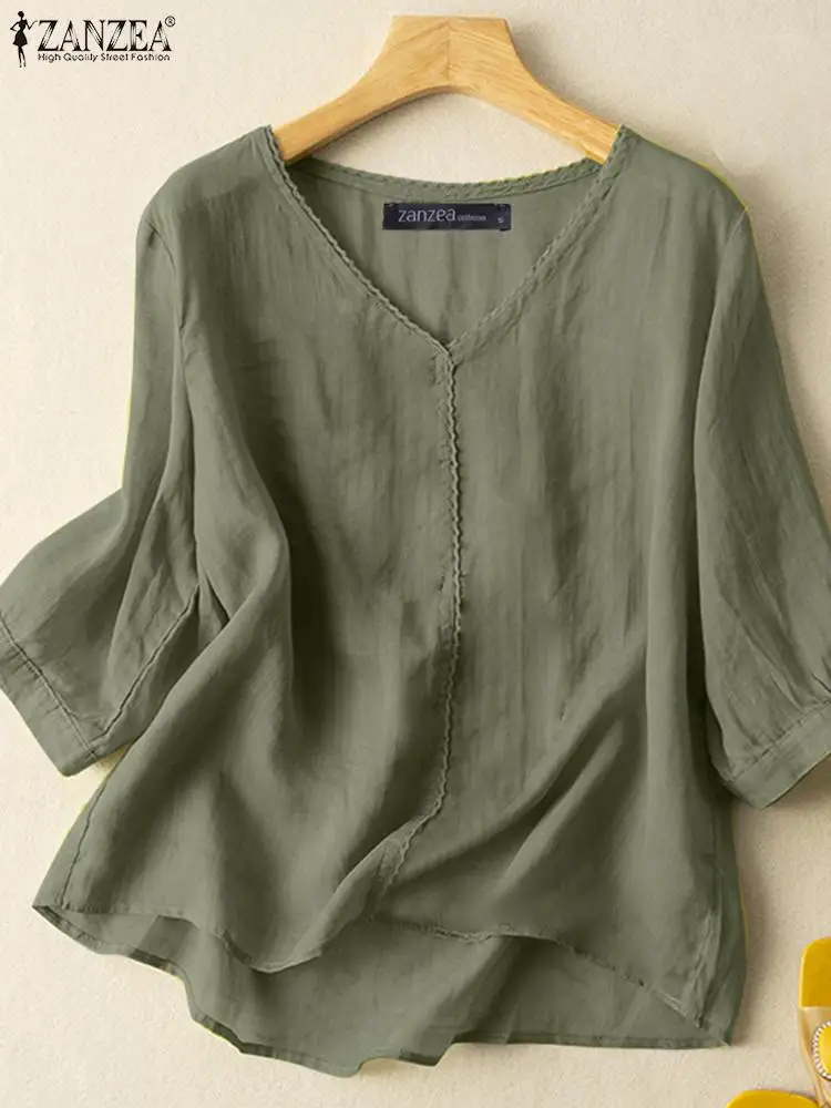 

ZANZEA Fashion Lace Patchwork Blouse Summer 3/4 Sleeve V Neck Tops Woman Elegant Holiday Blusas Femme Casual Street Chemise 2023