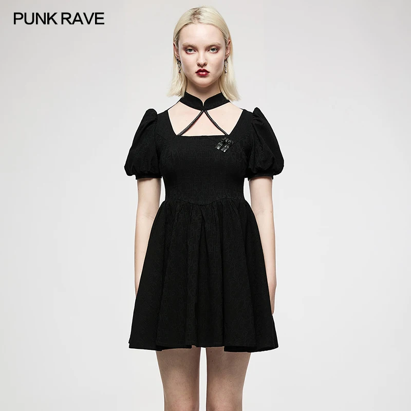 PUNK RAVE Women's Chinese Style Puff Sleeve Dark Pattern Jacquard Dress Playful Age-reducing Club Youth Girl Mini Dress Black