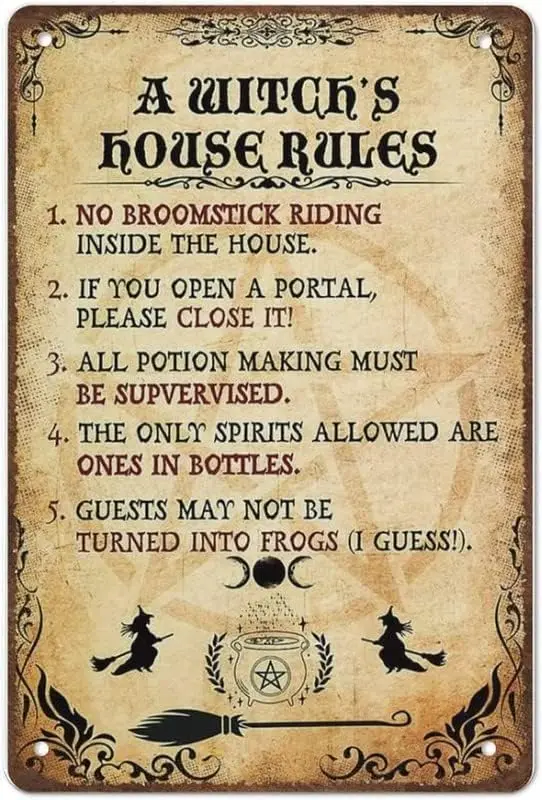 

Retro Tin Sign A Witch's House Rules Vintage Metal Sign, Witch Home Decor,Witch Wall Sign,Witch Halloween Decor,Wall