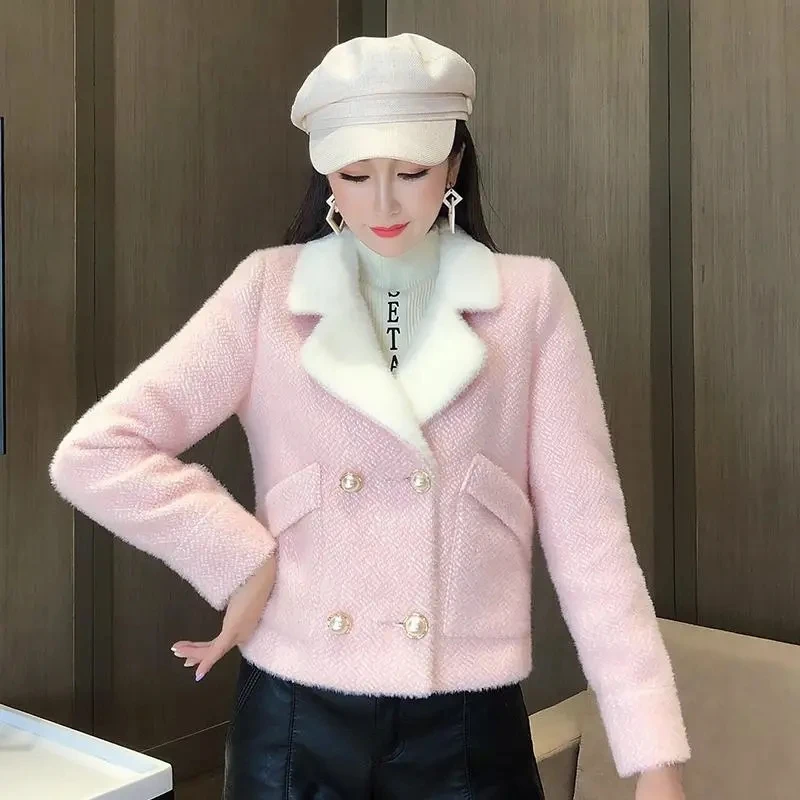 

Woolen Coat Women's 2022 Autumn Winter New Slim Korean Fashion Casual Outerwear Women Imitation Mink Fleece Short Wool Jacket