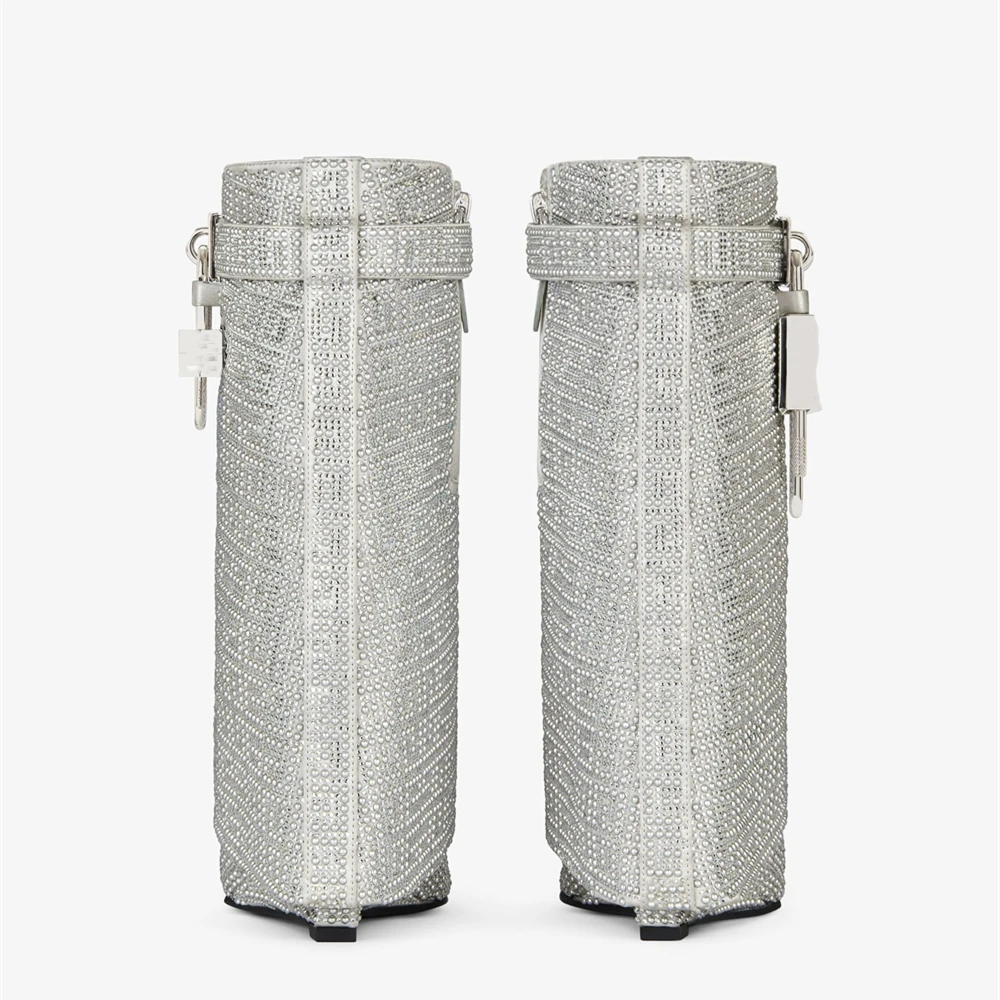 Women Wedge Fold Pointed Toe Boots Shark Lock Zipper Denim Cloth Casual High Heels Metal Decor Fashion Rivet Large Size 43