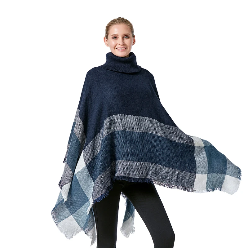 

Women Spring Autumn Shawl Lady Knitted Wrap Plaid Pullover Cloak Loose Turtleneck Sweater Fall Poncho Wholesale Drop Shipping