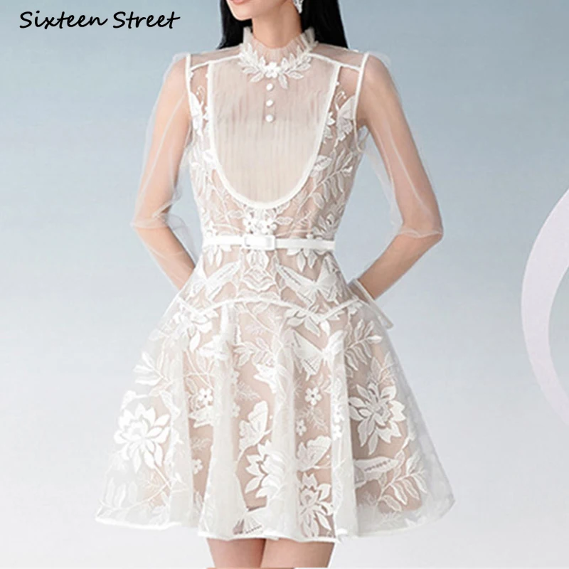 

2022 White Lace Women's Dress Embroidery Flower Short Sleeve Vacation Vintage Dress Bodycon Summer Elegant Party Vestido