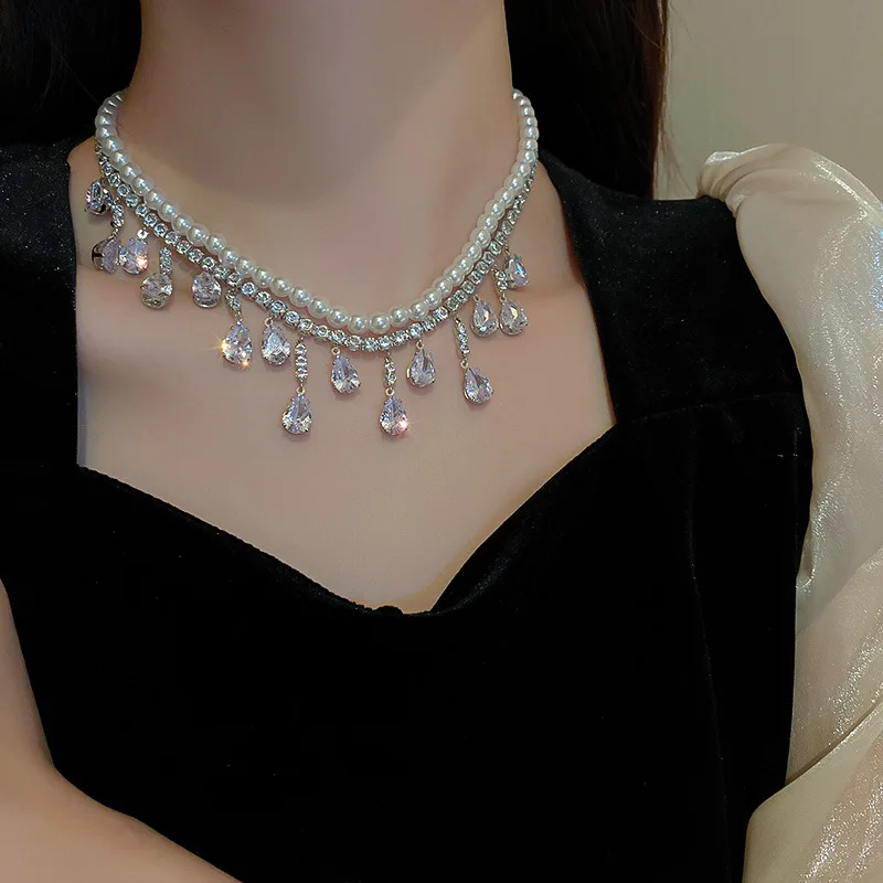 

Baroque Luxury Pearl Choker Necklaces for Women Tassel Water Drop Zircon Crystal Necklaces Wedding Banquet Jewelry