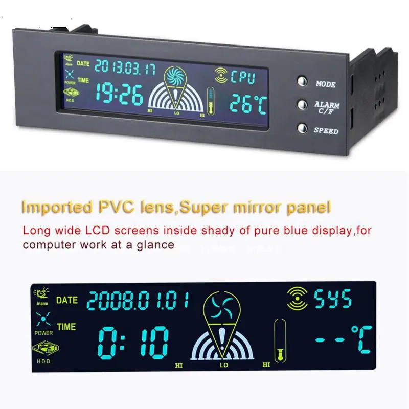 Front LCD Panel 5.25 Inch CPU Speed Controller Temperature Sensor PC Computer Fan Controller LCD Digital Display For PC Desktop
