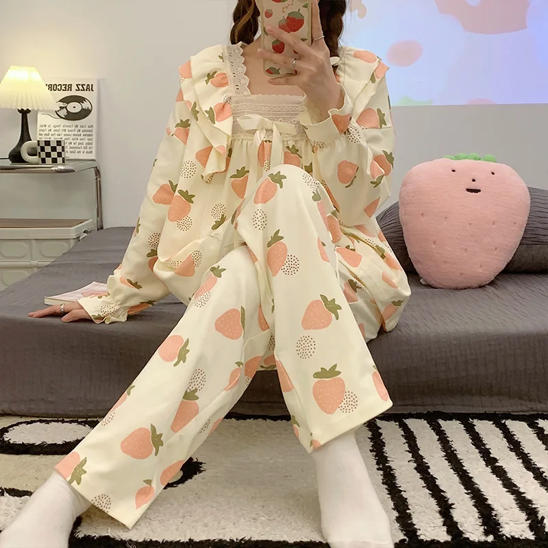 New women's pajamas women's lovely printing long cotton pajamas long sleeve shirt and sweet spring pajamas