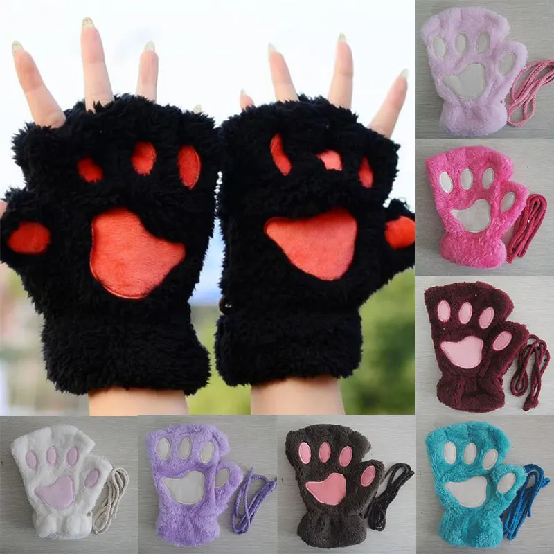 

Cute Kitten Fingerless Mittens Women Bear Plush Cat Paw Gloves Winter Faux Fur Gloves Mittens Christmas Halloween For Girls