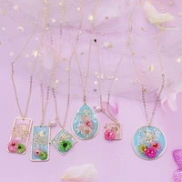 minar romantic multiple real dye flowers pendant necklace for women square water drop round geometric resin chokers necklaces