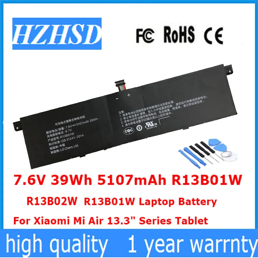 7.6V 39Wh 5107mAh R13B01W R13B02W New Laptop Battery For Xiaomi Mi Air 13.3" Series Tablet