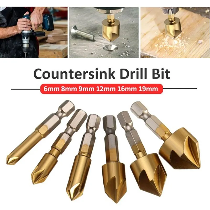 

Hexagonal Shank Five-blade Countersink Drill Chamfer Bit Reaming Chamfering Tool 6-19mm Woodworking Hole Opener Drill Bit Tools