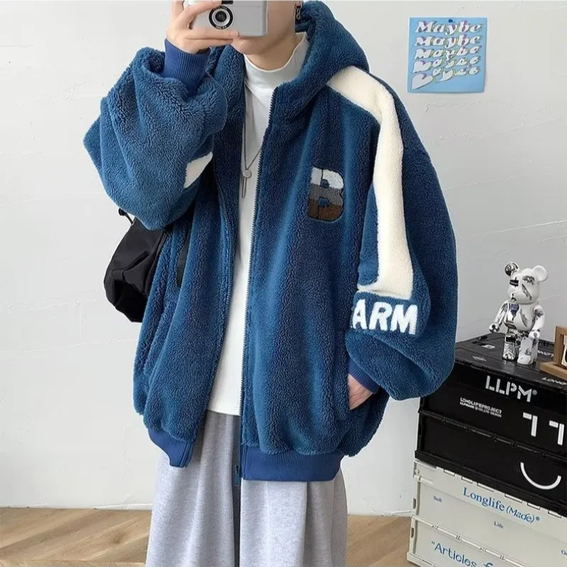 

2022 Fashion New Trendy Winter Student Lamb Woollen Loose Coat Jacket Klein Blue Cardigan Zipper With Outwear Hoody For Mens M88