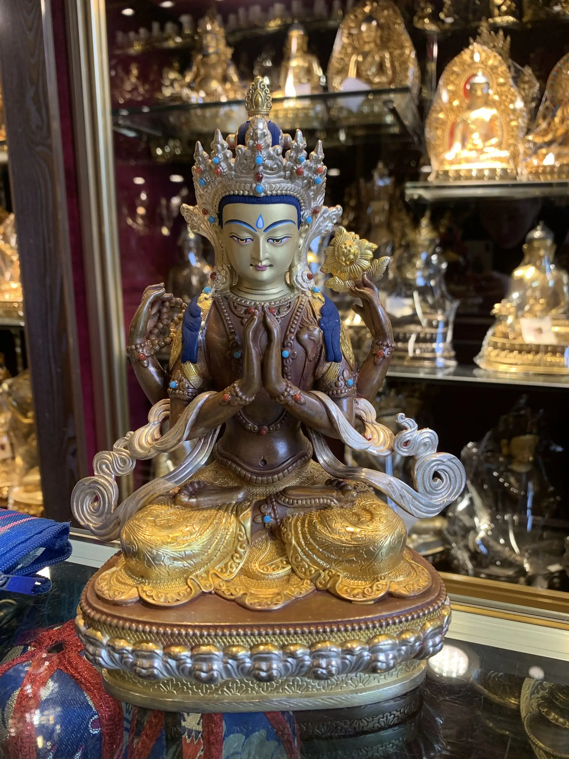 

21CM Tibet Nepal 5A High grade good Buddha statue HOME Altar safety Protection Four arm GUAN YIN Tara buddha BRONZE statue