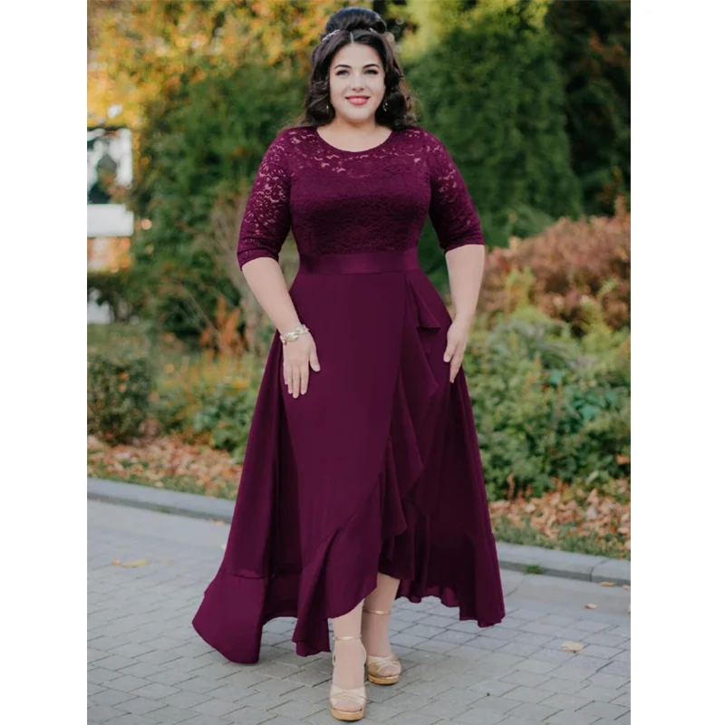Plus Size Round Neck Lace Chiffon Elegant 4XL 5XL Dress Prom Wedding Plus Size Ruffle Chiffon Evening Dress 5 Colors