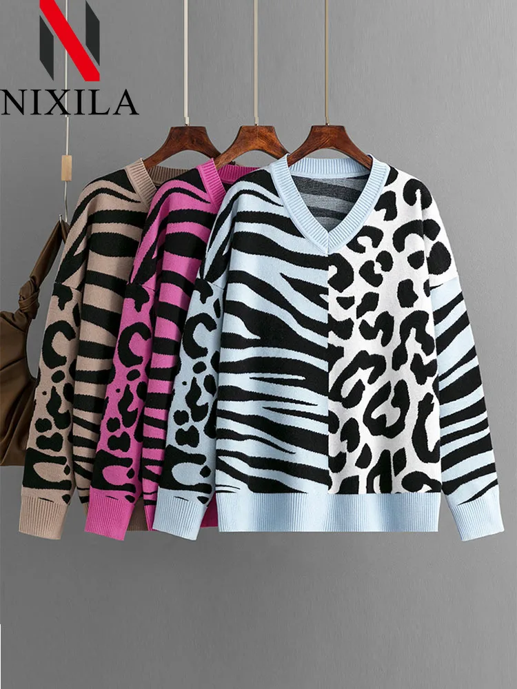 

New in Autumn Winter Pullovers for Women 2023 Oversized Elegant Sweater Women Leopard Zebra Korean Long Sleeve Top Fall Jumper