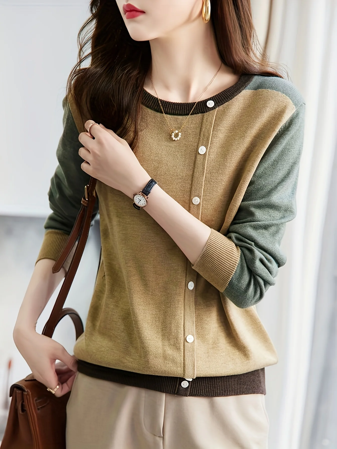 Женский Повседневный Вязаный Свитер С Длинными Рукавами И Круглым Вырезом