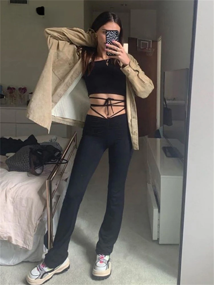 

combinaison femme ropa aesthetic y2k clothes Y2K Punk High Waist Hollow Bandage Straight Pants Female High Quality Activity T