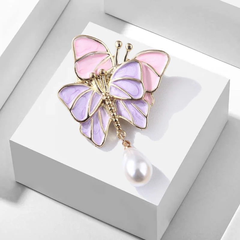 

TULX Elegant Pink Purple Butterfly Brooch For Women Enamel Sweet Romantic Insect Pearl Pendant Corsage Pins Female Jewelry Gift