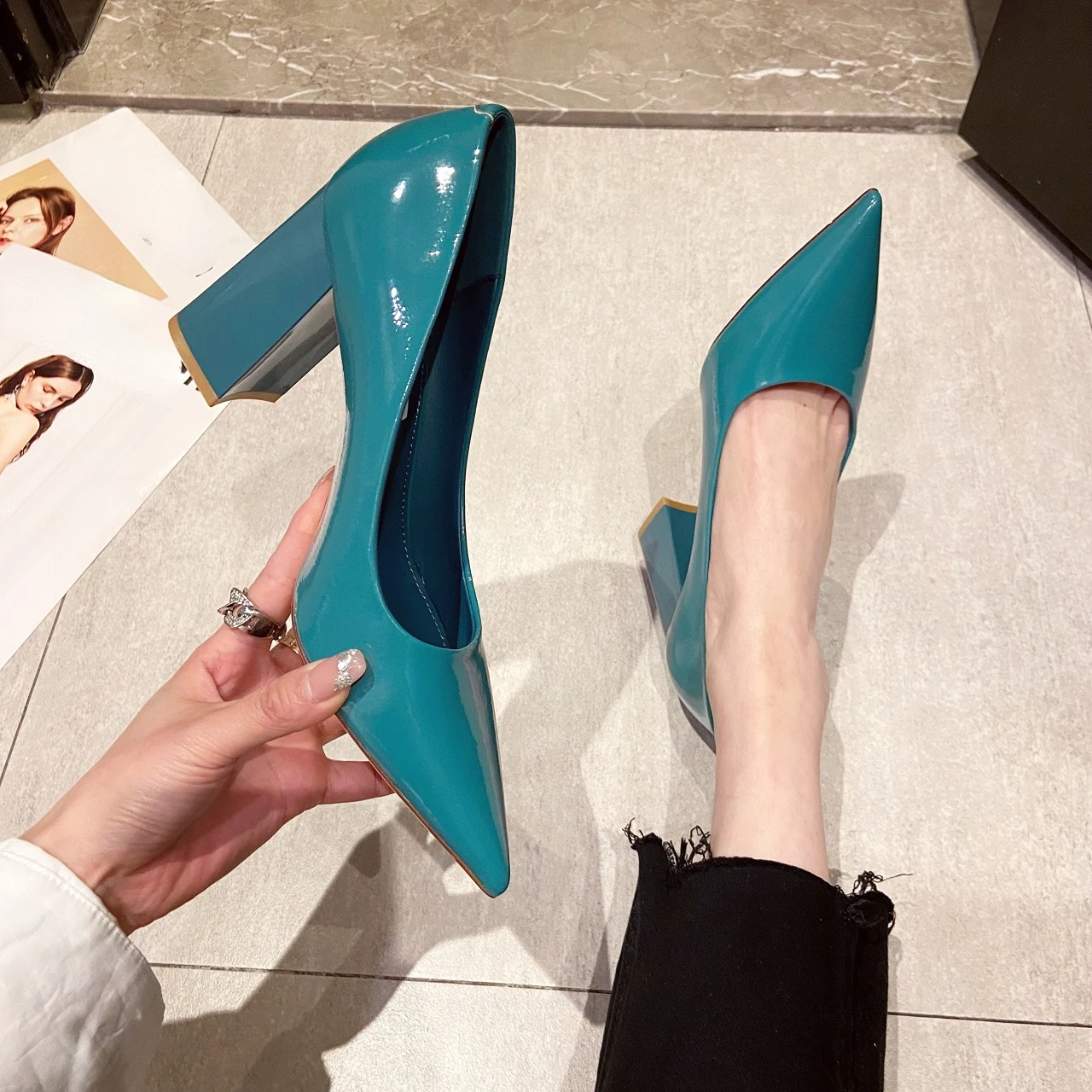 

Classic Fashion Pointed Toe Chunky Heeled Pumps Slip on Black Career Office Work Single Shoes Party Dress Ladies High Heels 9Cm
