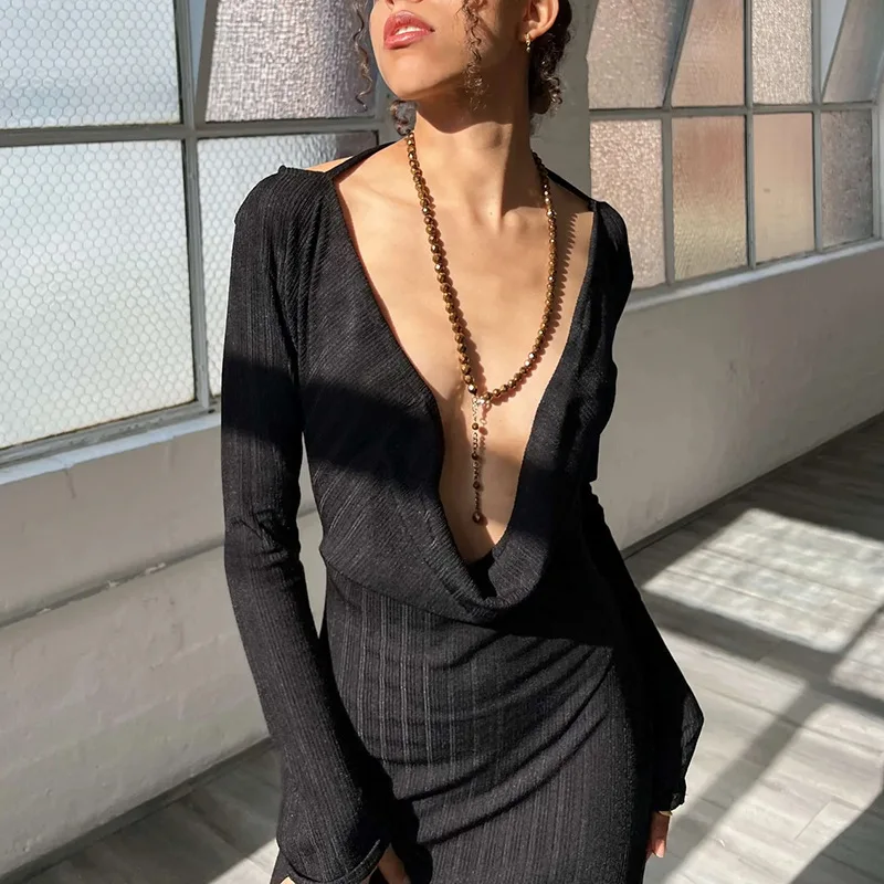 Women'S Sexy Deep V Dress Swing Collar A-Line Skirt New Hot Girls Slim Long Sleeve Party Dress