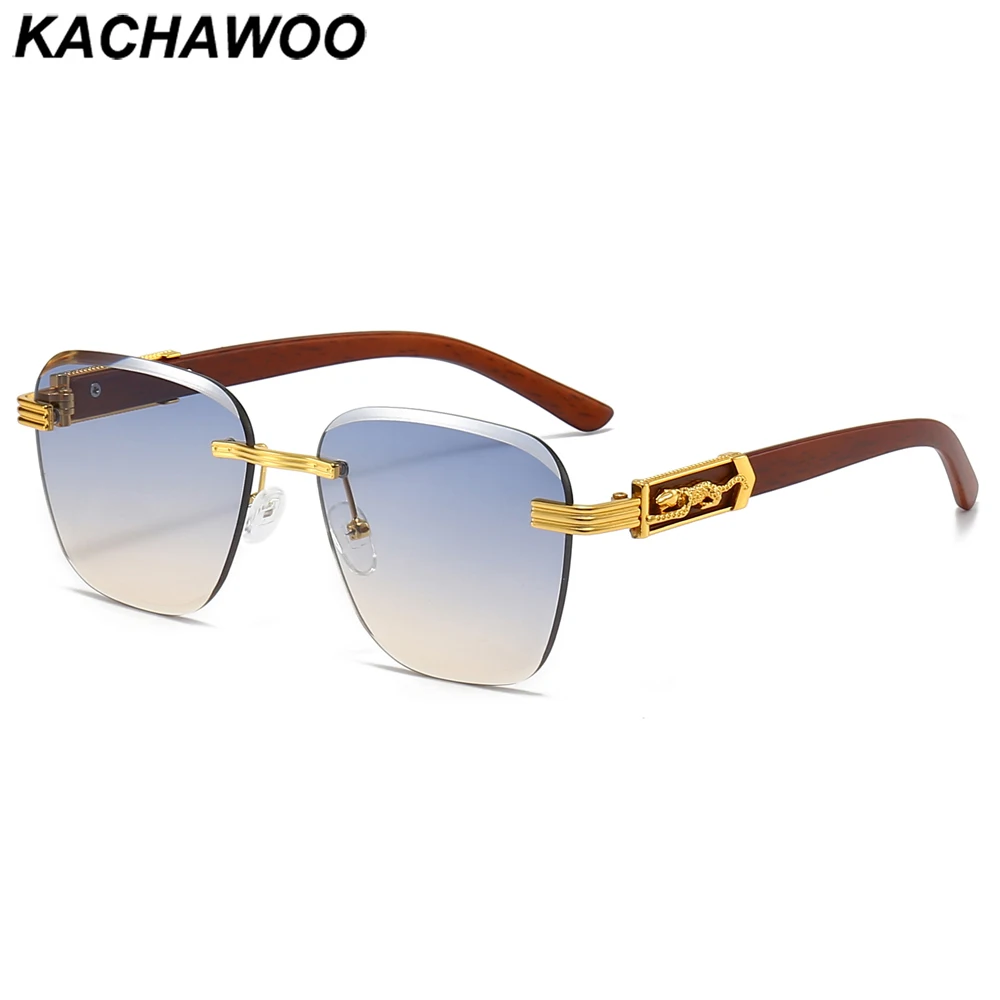 

Kachawoo men rimless sunglasses retro style wooden grain no frame metal square sun glasses for women blue brown hot selling