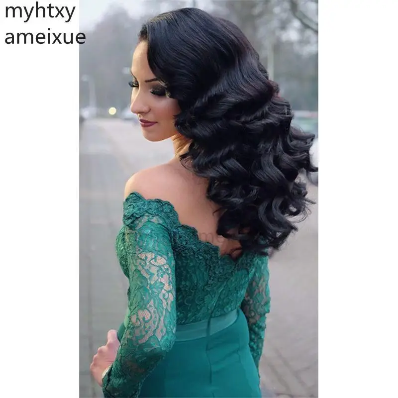 Женское вечернее платье-русалка длинное зеленое платье с кружевными рукавами и