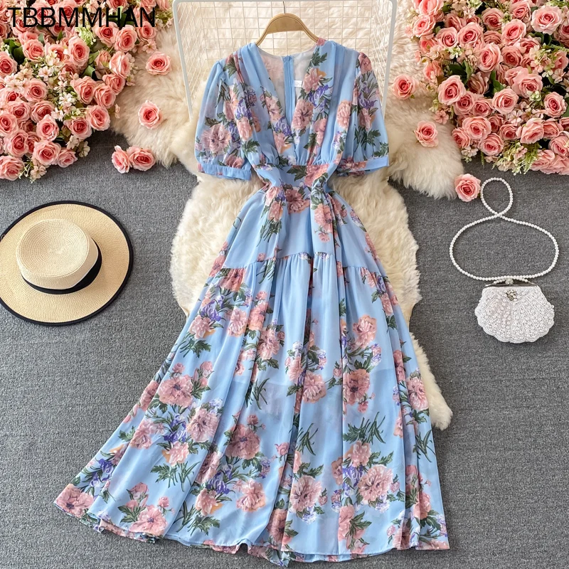 

Summer Bohemian Floral Long Dress For Women Sexy V-Neck Short Sleeve High Waist A-Line Big Swing Vestido Casual Blue Robe