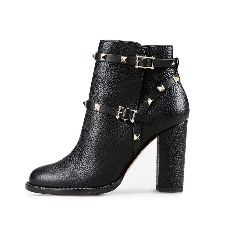 

Black Metal Studs Buckle Women's Ankle Boots High Heel Fashion Ladies Faux Leather Pointed Toe Slip-on Female Short Boots Botas