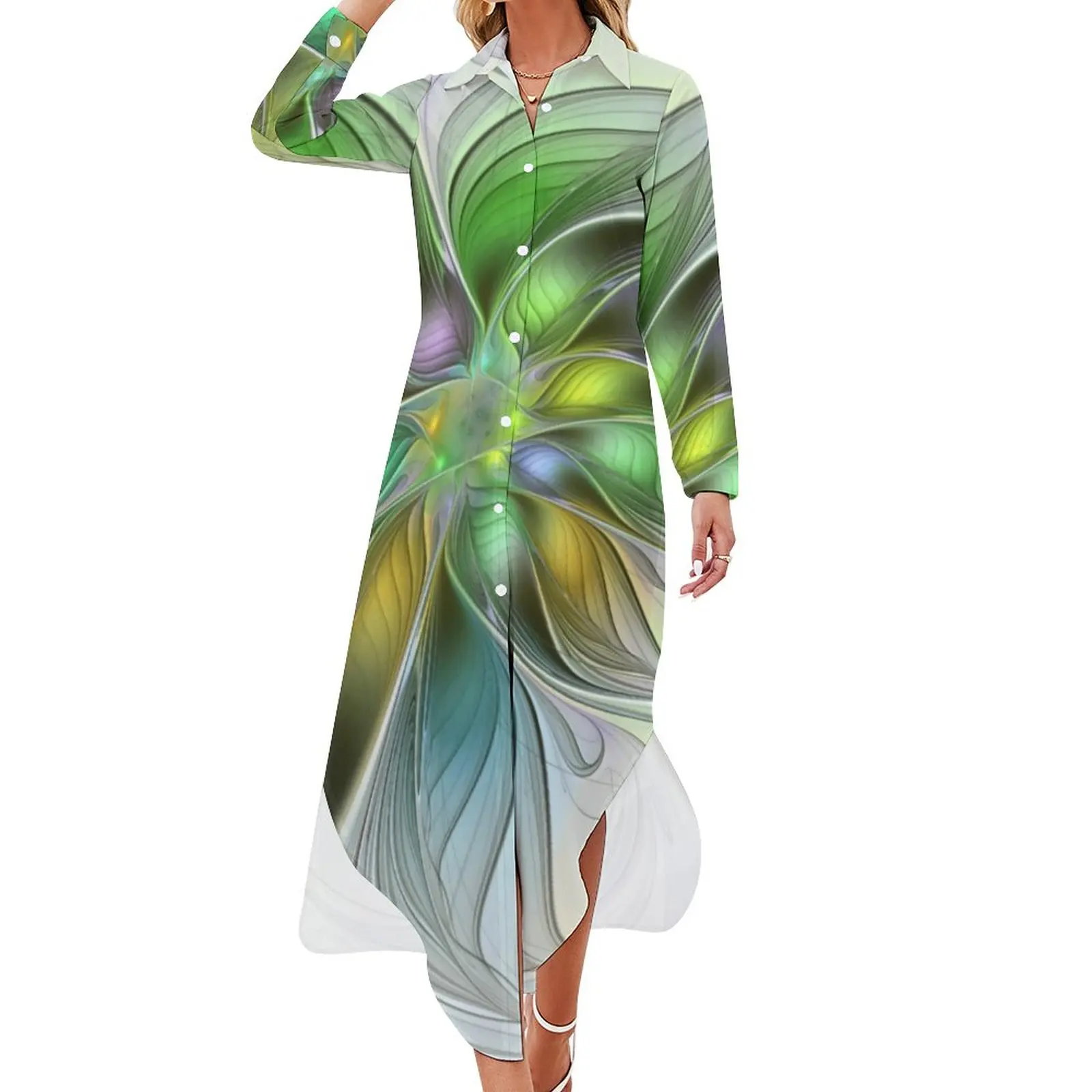 

Fantasy Flower Casual Dress Colorful Abstract Floral Street Style Dresses Long Sleeve Beach Women V Neck Big Size Chiffon Dress