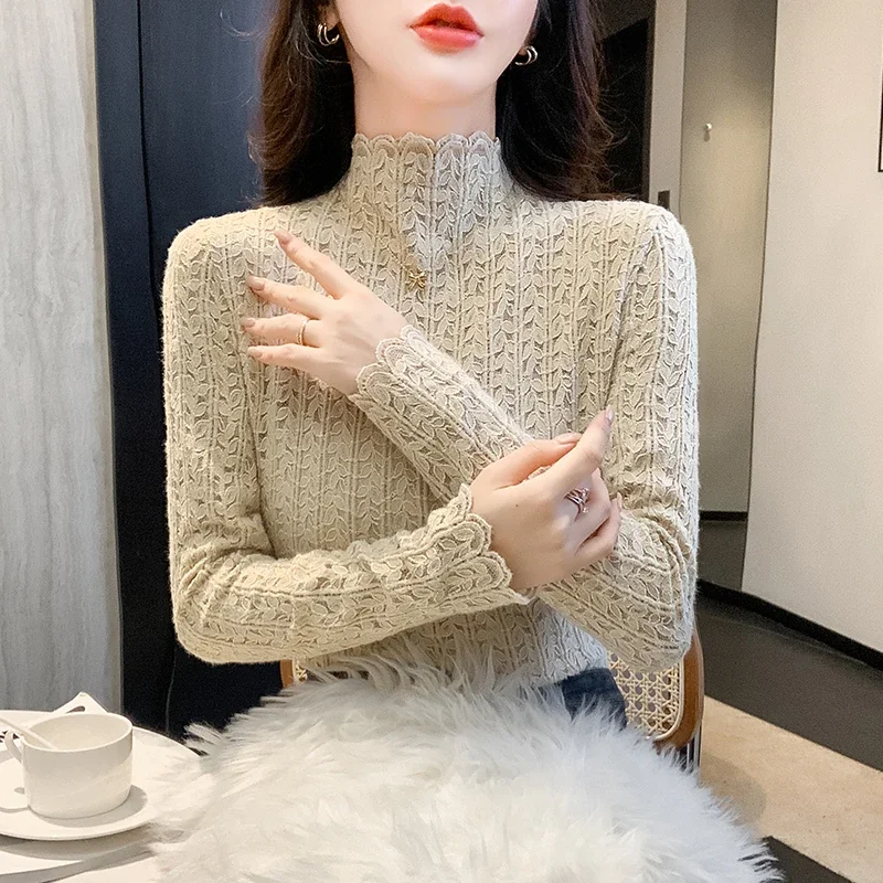 Fashion Long Sleeve Women Blouse Mock Neck Lace Shirt Tops Camisas Blusas De Mujer Para M670