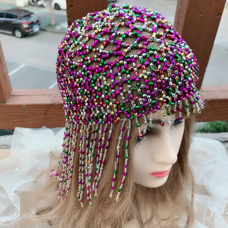 

Vintage Handmade Hollow Beads Headpiece Party Colorful Beaded Tassel Hat