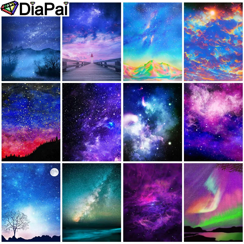 

DIAPAI Full Diamond Embroidery Diy 5D Diamond Painting Cross Stitch "Scenery Starry Sky Moon Tree" Full Drill Home Room Decor