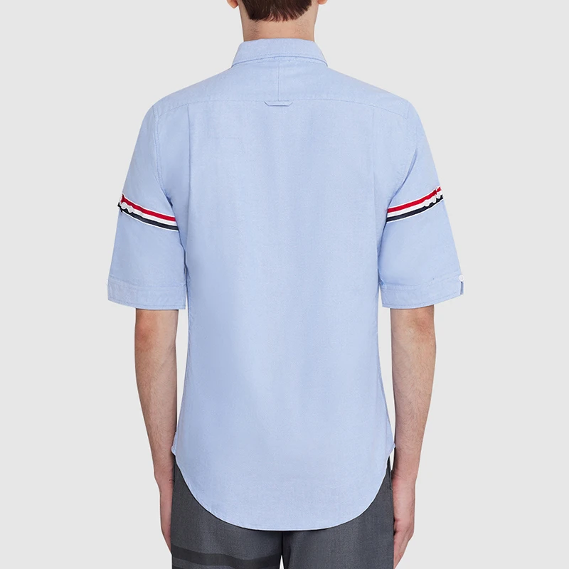 TB THOM Men's Shirt Solid Fashion Top Brand Striped Sleeves Slim Casual Oxford Fine Cotton High Quality Summer Cool Short Shirts