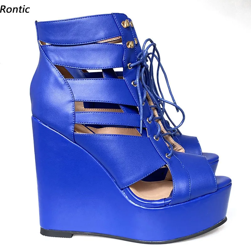 

Rontic Handmade Women Platform Sandals Unisex Comfort Wedges Heels Peep Toe Pretty Blue Red Party Cosplay Shoes US Size 5-20