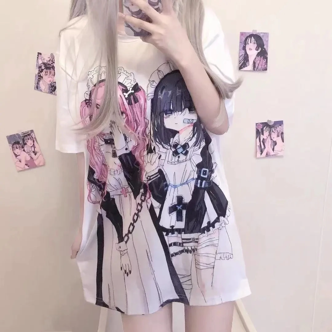 Summer Gothic Harajuku Clothes For Women Long T Shirt Oversize Japanese Fashion E Girl Print Loose Short Sleeved T-Shirt Women