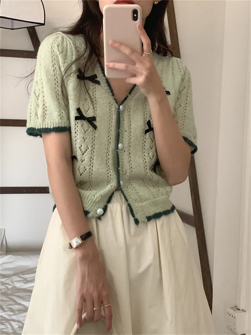 

Retro Elegant Knitted Women Coats Bow Cardigans New 2022 Summer Chic Slim OL Sweet Short Sleeve High Waist Sweaters