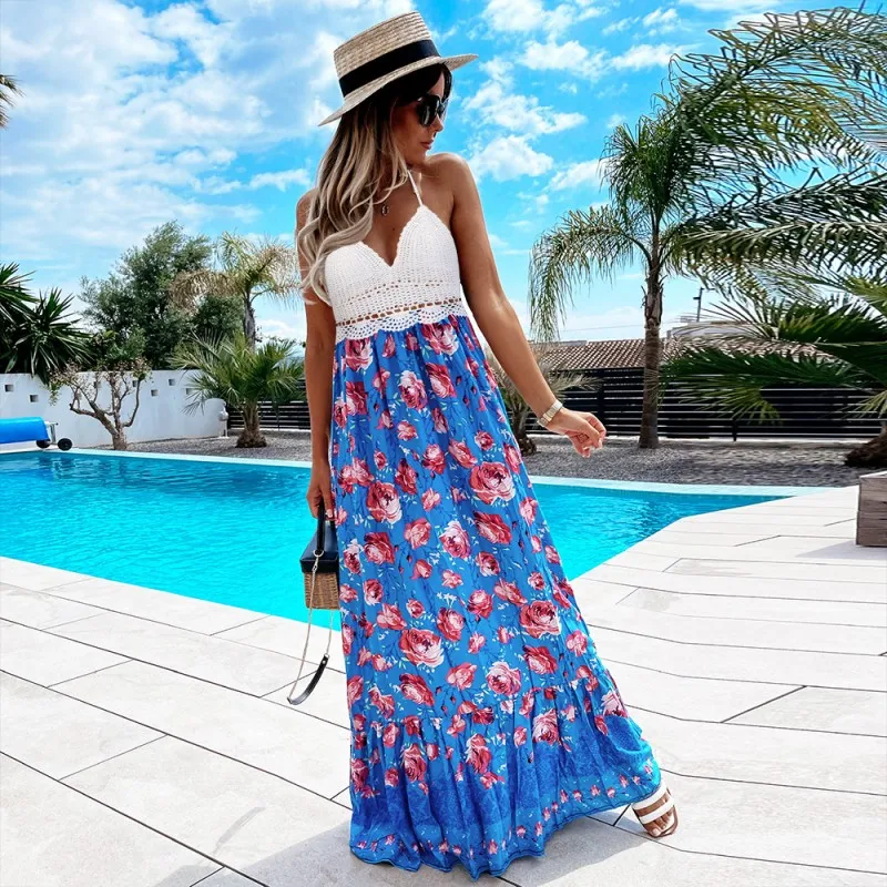 

Beach Dress Women 2022 Summer Sexy Floral Dress Ladies Hand Crochet Flower Bra Halter Neck Backless Long Dress Beach Vacation