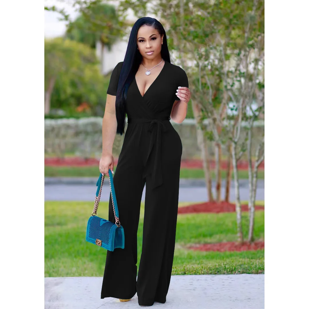 Streetwear Comfortable Jumpsuits for Women Solid Color V-neck Lace-ups for Loose Trousers Fashionable Elegant Overalls for Women